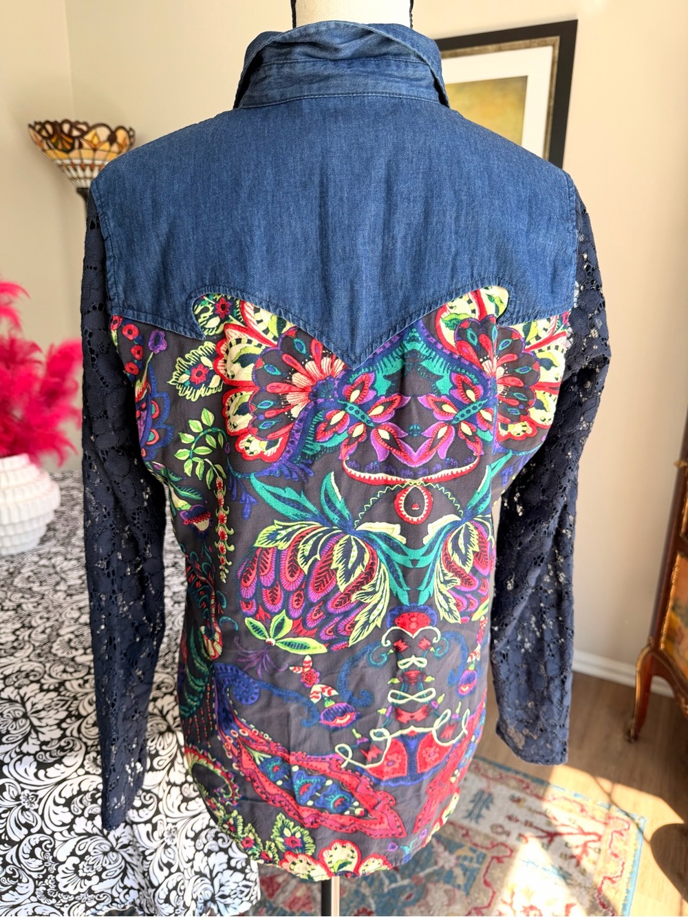 Desigual Floral Paisley Sheer Denim Lace Sleeve Button Shirt - Picture 3 of 8